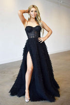 Black Spaghetti-Straps Front Split Mermaid Evening Dress with Lace Appliques BM bride