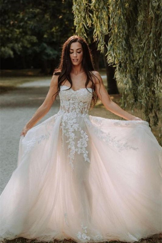 Sweetheart Tulle A-Line Wedding Dress with Lace Appliques BM bride