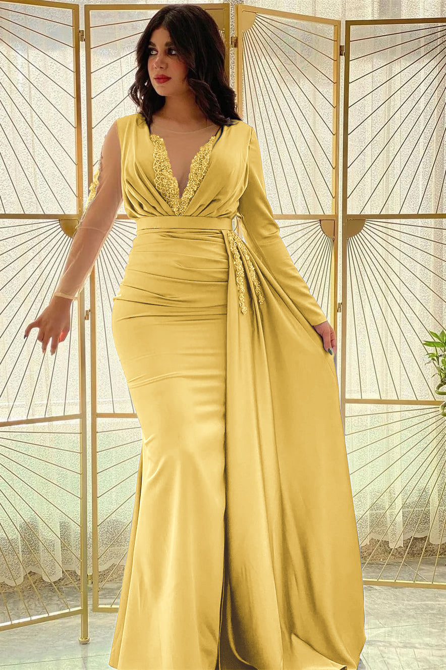 Mermaid Long Sleeves Beadings Pleated Prom Dress Side Split With Ruffles