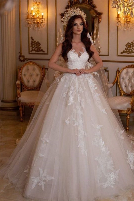 Sweetheart Tulle Ball Gown Wedding Dress with Floral Embroidery BM bride