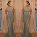 Halter Sleeveless Mermaid Evening Dress with Sequin Belt Online BM bride