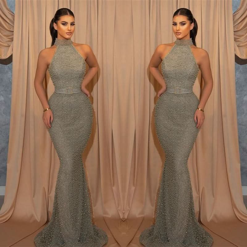 Halter Sleeveless Mermaid Evening Dress with Sequin Belt Online BM bride