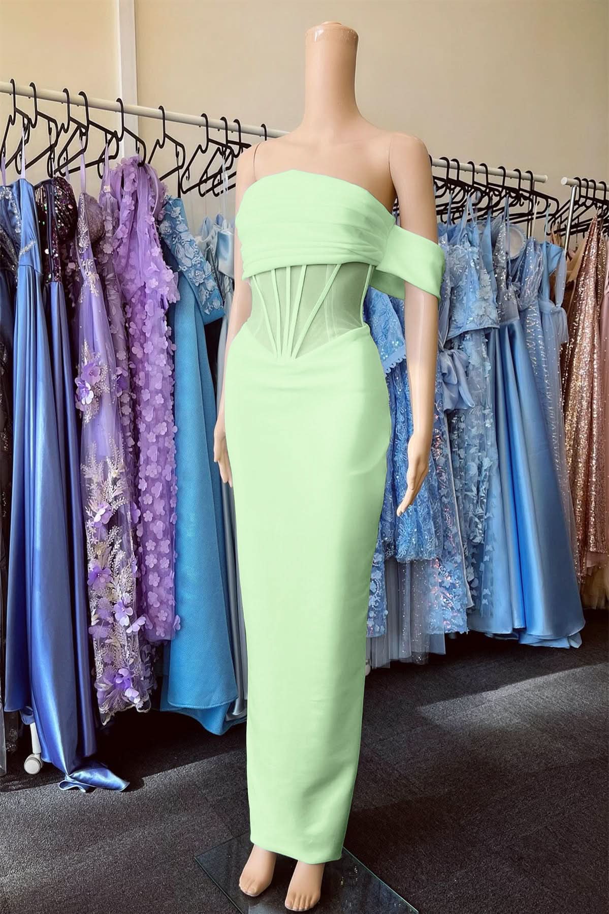 White Off-the-Shoulder Strapless Pleated Mermaid Prom Dress BM bride