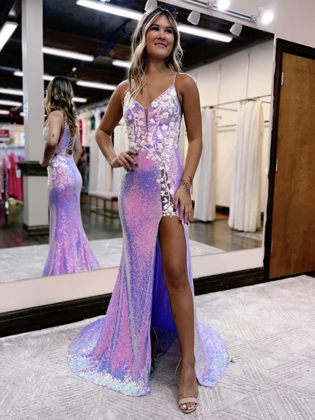 Enchanting Purple Glitter Floral Long Prom Dress with a Graceful Slit BM bride
