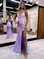 Enchanting Purple Glitter Floral Long Prom Dress with a Graceful Slit BM bride