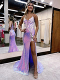 Enchanting Purple Glitter Floral Long Prom Dress with a Graceful Slit BM bride