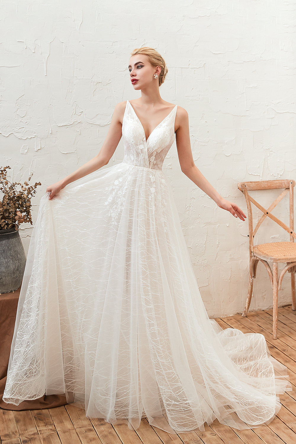 Classy A-Line Deep V-Neck Floor-Length Open Back Wedding Dress with Lace and Tulle BM bride