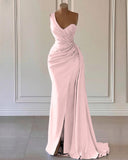 Sky Blue One-Shoulder Luxury Prom Dress Mermaid Split with Ruffles BM bride