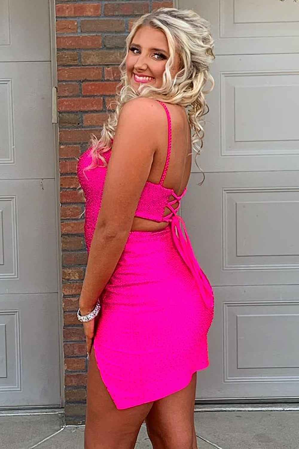Sparkly Lace-Up Back Sequins Fuchsia Tight Short Homecoming Dress