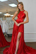 Halter Backless Long A Line Split Prom Dress With Ruffles Pleated