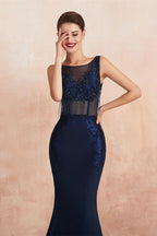 Stunning Navy Blue Jewel Neck Sleeveless Mermaid Prom Dress with Rhinestone Lace and Tassels BM bride