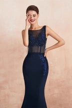 Gorgeous Navy Blue Sleeveless Jewel Neck Mermaid Prom Dress Lace With Tassels Rhinestone