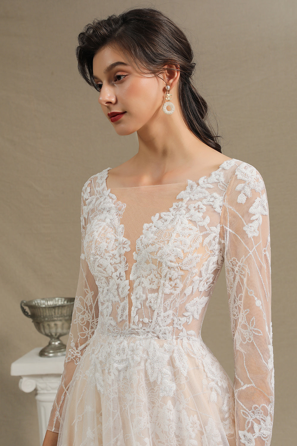 Sheer Long Sleeve A-Line Illusion Tulle Wedding Dress with Lace BM bride