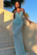 Spaghetti Strap Sleeveless V Neck Long Prom Dress With Pleated