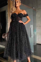 Black Off the Shoulder Sweetheart A Line Beads Prom Dress With Tulle