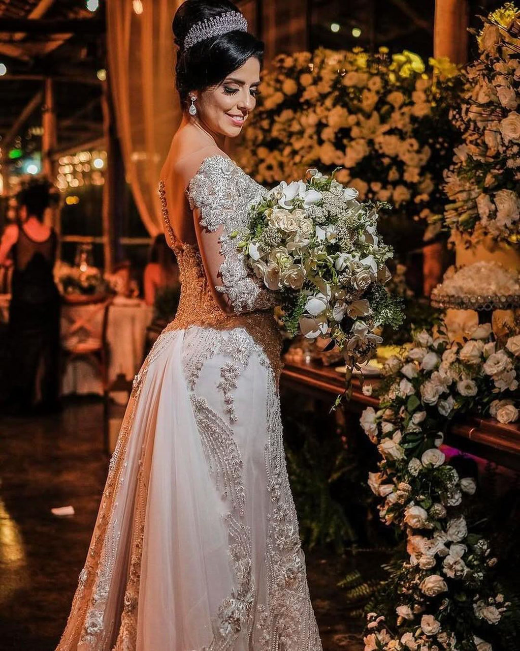 Jewel Off-the-Shoulder Long Sleeve Mermaid Wedding Dress with Lace Appliques BM bride