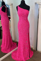Sparkle Black Sequins One Shoulder Sleeveless Mermaid Prom Dress With Split
