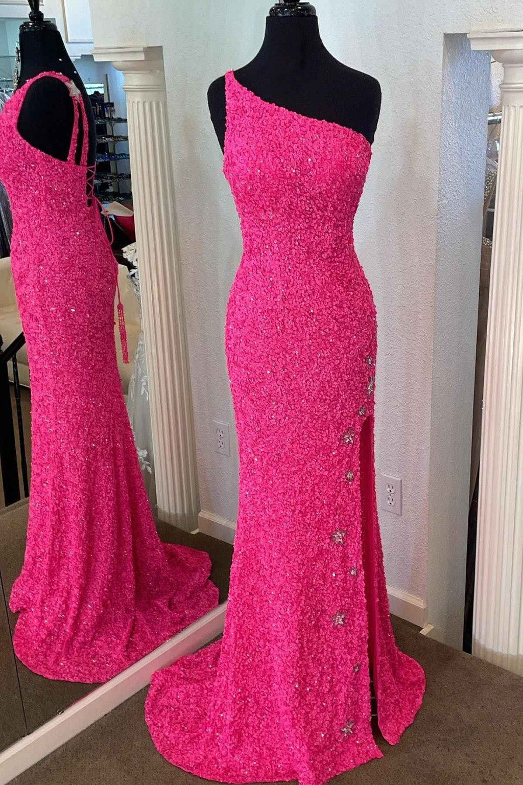 One Shoulder Sleeveless Mermaid Prom Dress Sparkle Sequins With Split