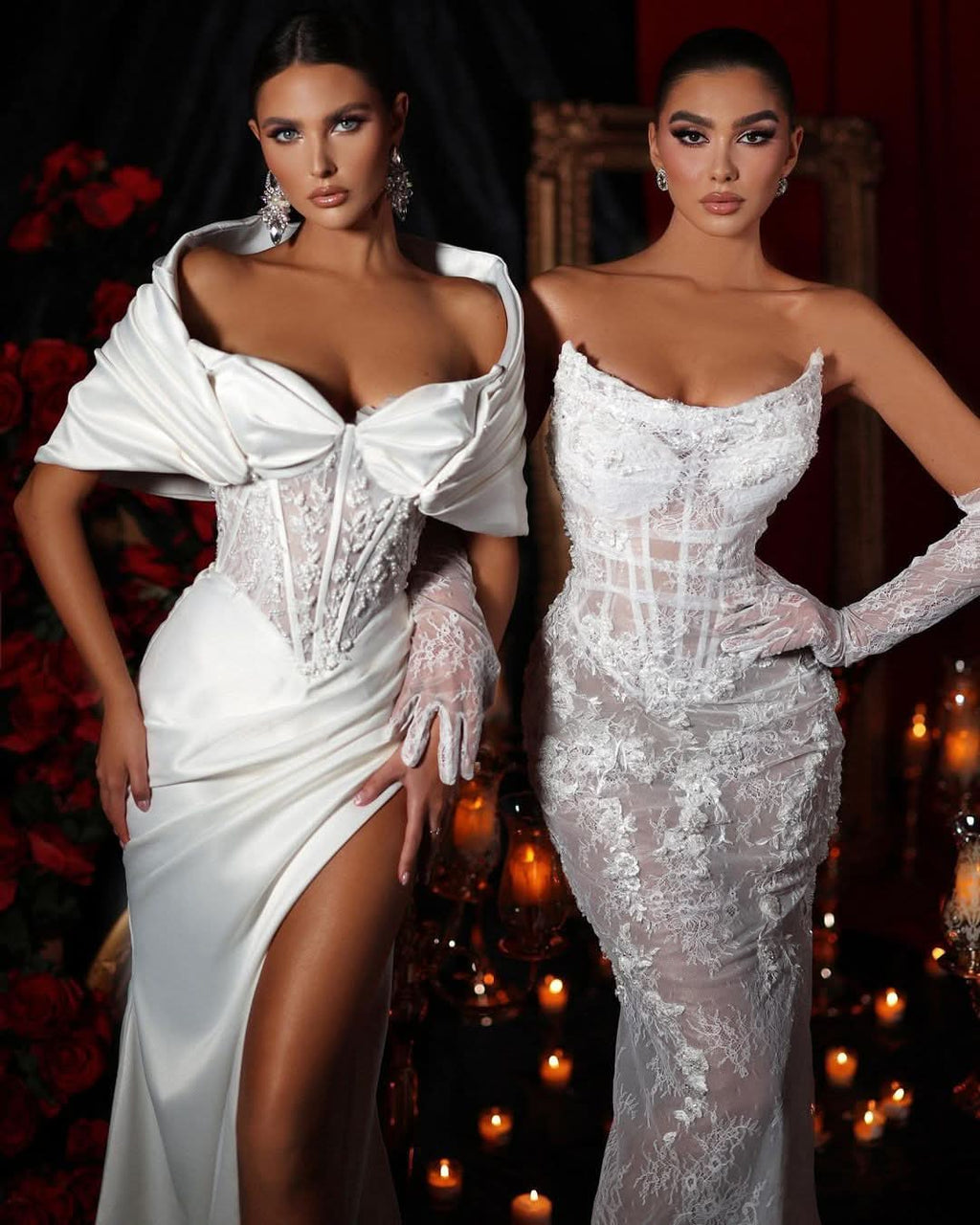 Elegant Off-the-Shoulder White Wedding Dress with Split Charmeuse BM bride
