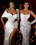 Elegant Off-the-Shoulder White Wedding Dress with Split Charmeuse BM bride