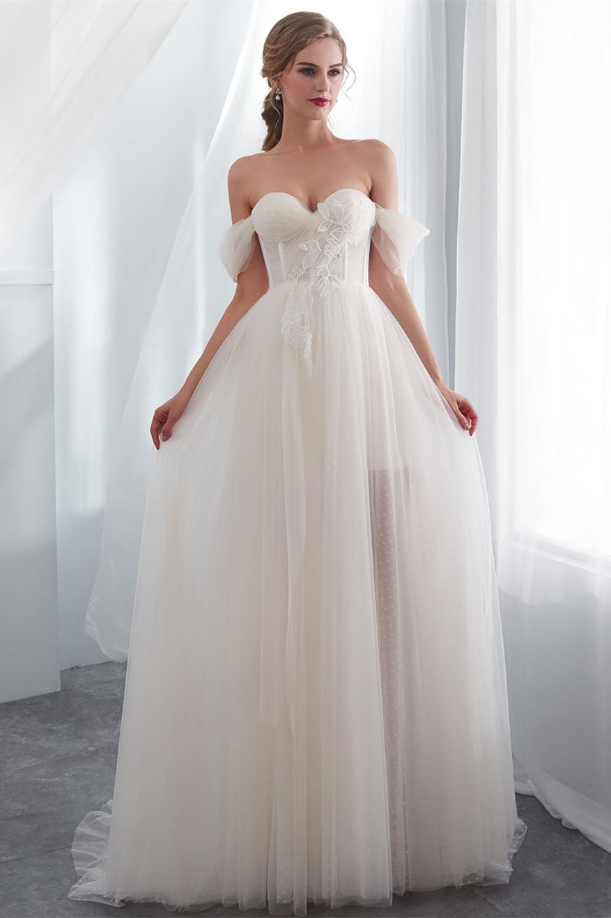 Long Off-the-Shoulder Tulle Wedding Dress BM bride