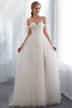 Long Off-the-Shoulder Tulle Wedding Dress BM bride