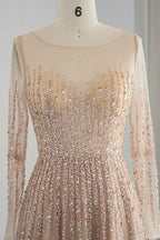Champagne Jewel Neck A Line Prom Dress Long Sleeves Tulle With Appliques