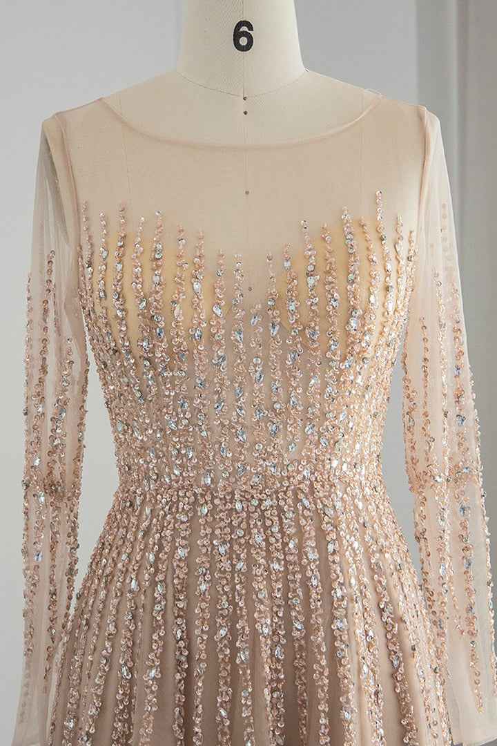 Champagne Jewel Neck A Line Prom Dress Long Sleeves Tulle With Appliques