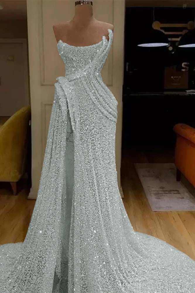 Sequin Strapless Sleeveless Long Mermaid Prom Dress With Split BMBRIDE