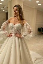 Sweetheart Bubble Sleeve Tulle Wedding Dress with Lace BM bride