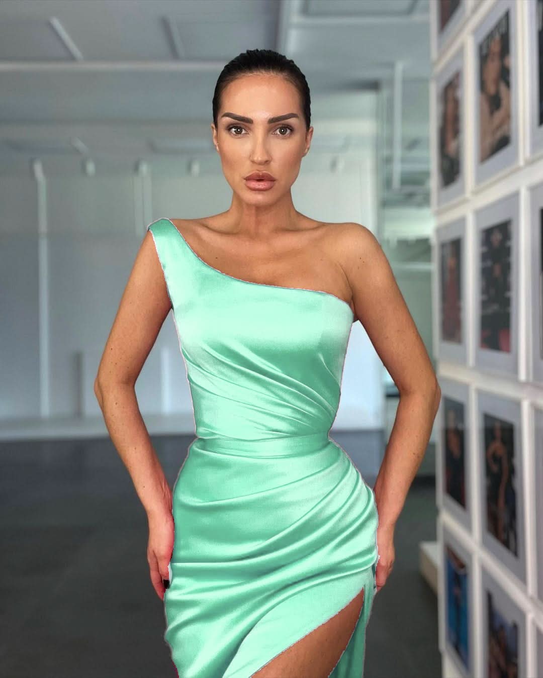 Elegant Rose One Shoulder Evening Dress with Sleeveless and Slit BM bride