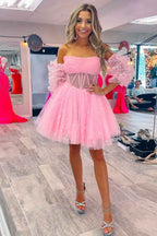 Pink Corset Detachable Sleeves A-Line Tulle Homecoming Dress