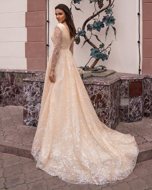 Glitter Long A-Line V-Neck Wedding Dress with Sleeves BM bride