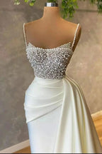 Elegant Spaghetti-Straps Mermaid Evening Dress with Pearl, Sequins, and Pleated BM bride