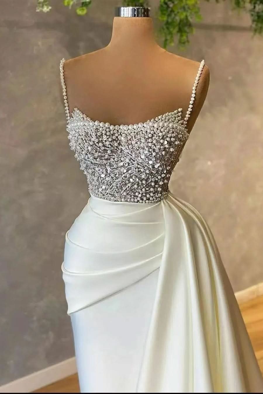 Elegant Spaghetti-Straps Mermaid Evening Dress with Pearl, Sequins, and Pleated BM bride