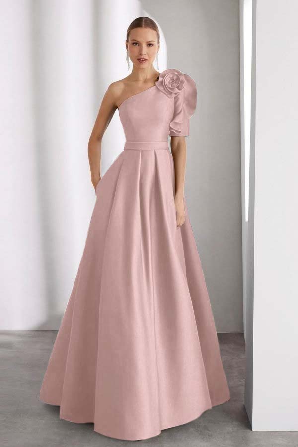 One Shoulder Sleeveless Long Prom Dress With Pleated Pockets