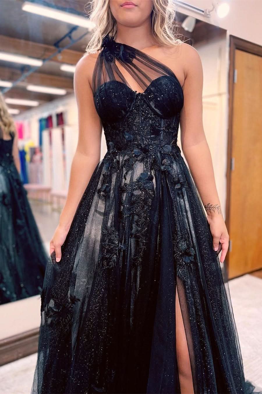 Elegant Black Evening Dress with Sheer Straps Beading and Slit BM bride