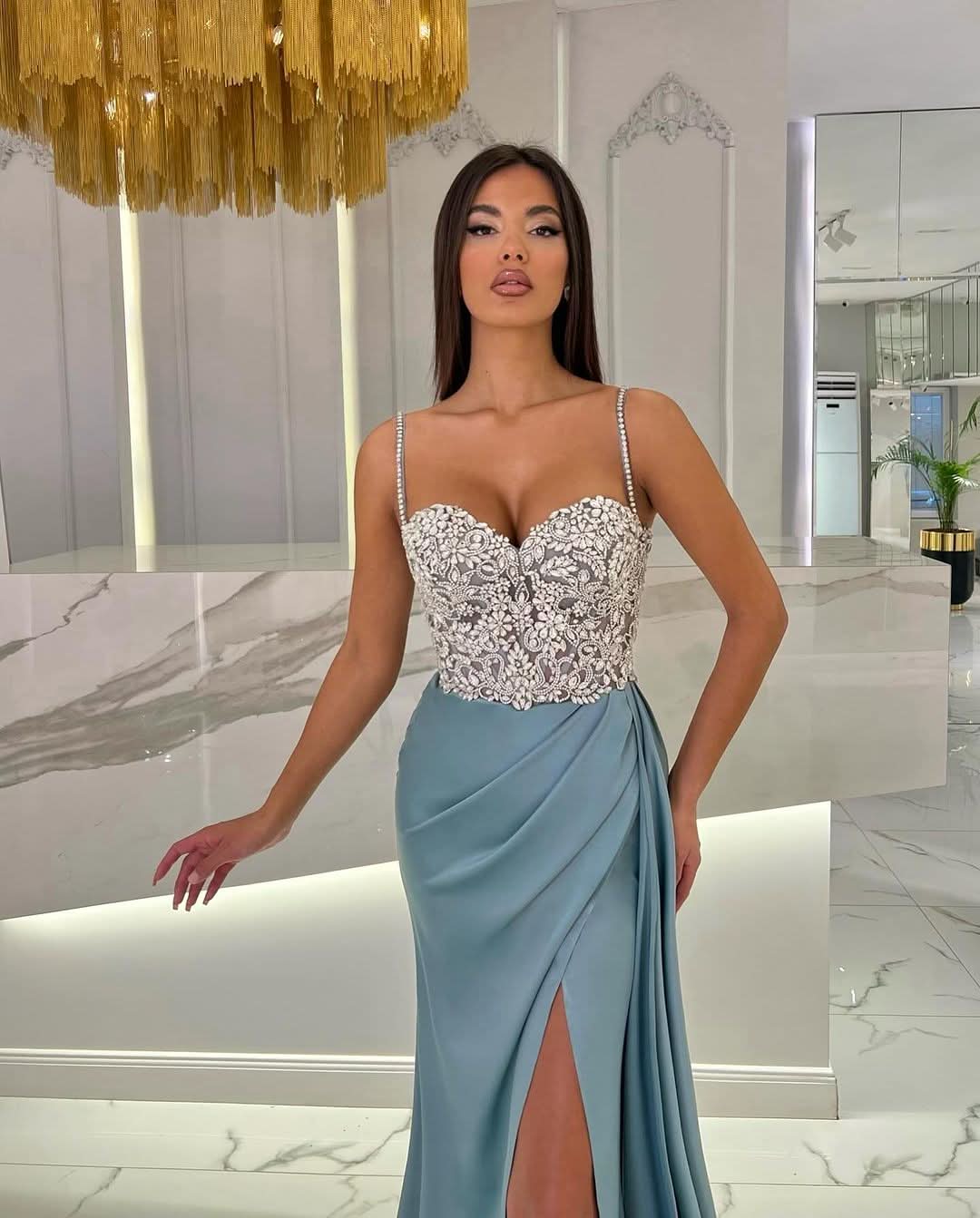 Baby Blue Prom Dress with High Slit, Spaghetti Strap Sweetheart Appliques BM bride