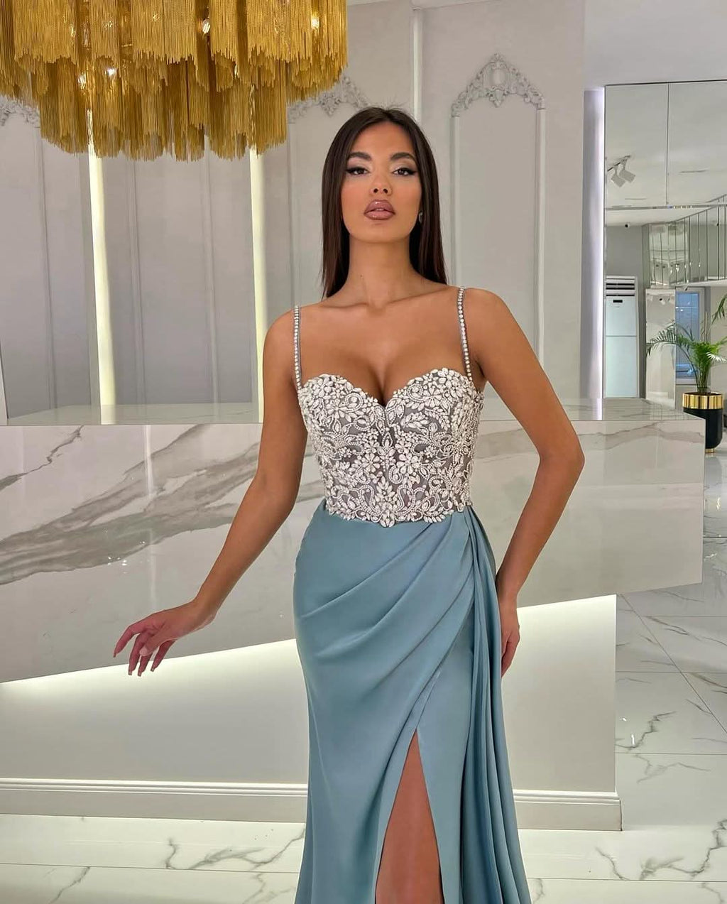 Baby Blue Prom Dress with High Slit, Spaghetti Strap Sweetheart Appliques BM bride