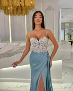 Baby Blue Prom Dress with High Slit, Spaghetti Strap Sweetheart Appliques BM bride