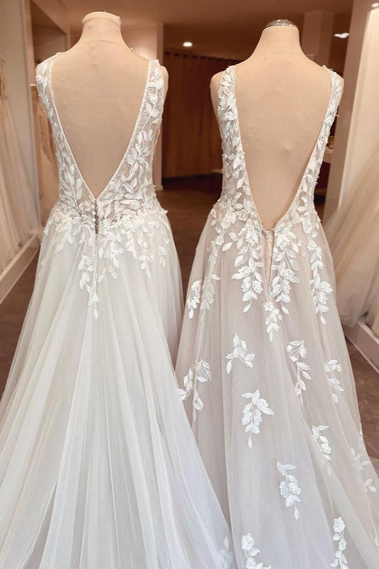 Sweetheart A-Line Wedding Dress Open Back Ruffles With Appliques Lace BM bride