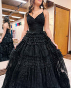 Sequins Long Black Tulle Prom Dress Sparkly V Neck Sleeveless Gown
