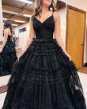 Long Black Tulle Sparkly V-Neck Sleeveless Prom Dress Gown BM bride