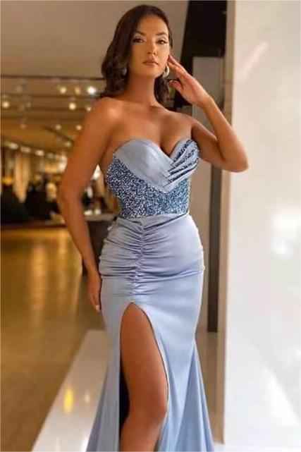 Sweetheart Light Blue Sequins Strapless Pleated Mermaid Prom Dress With Split