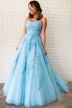 Sky Blue Spaghetti-Straps Appliques Evening Dress BM bride