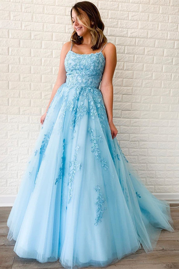 Sky Blue Spaghetti-Straps Appliques Evening Dress BM bride