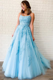 Sky Blue Spaghetti-Straps Appliqued Evening Dress BM bride