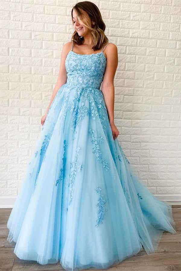Classy Tulle Sky Blue Spaghetti Strap Appliques Elegant Prom Dress