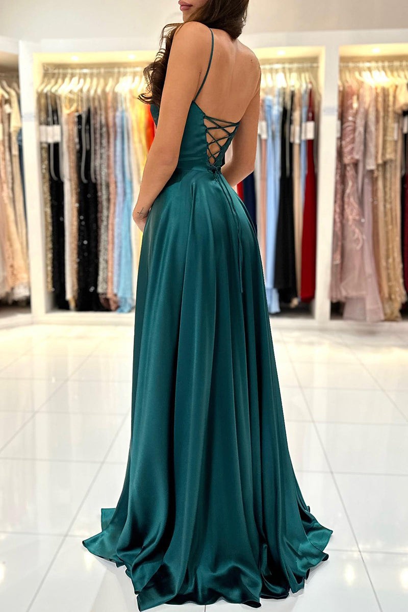 Spaghetti Strap Split Simple Long Prom Dress Green A Line BMBRIDE