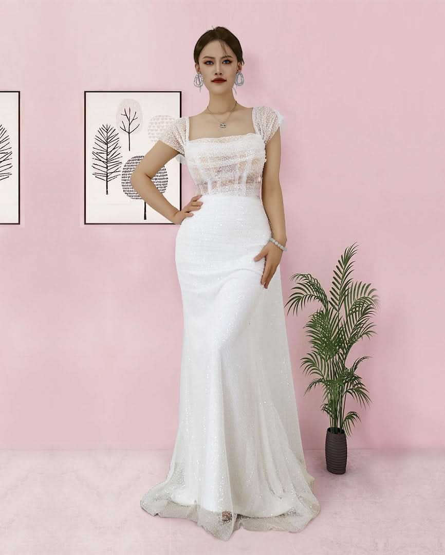 Elegant Long White Spaghetti-Strap Sleeveless Tulle Prom Dress BM bride